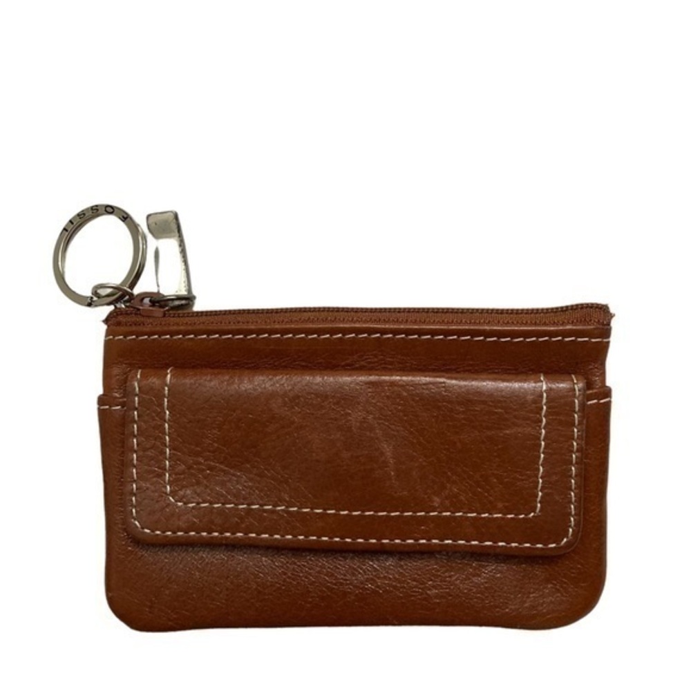 Fossil brown leather mini coin card wallet with keyring